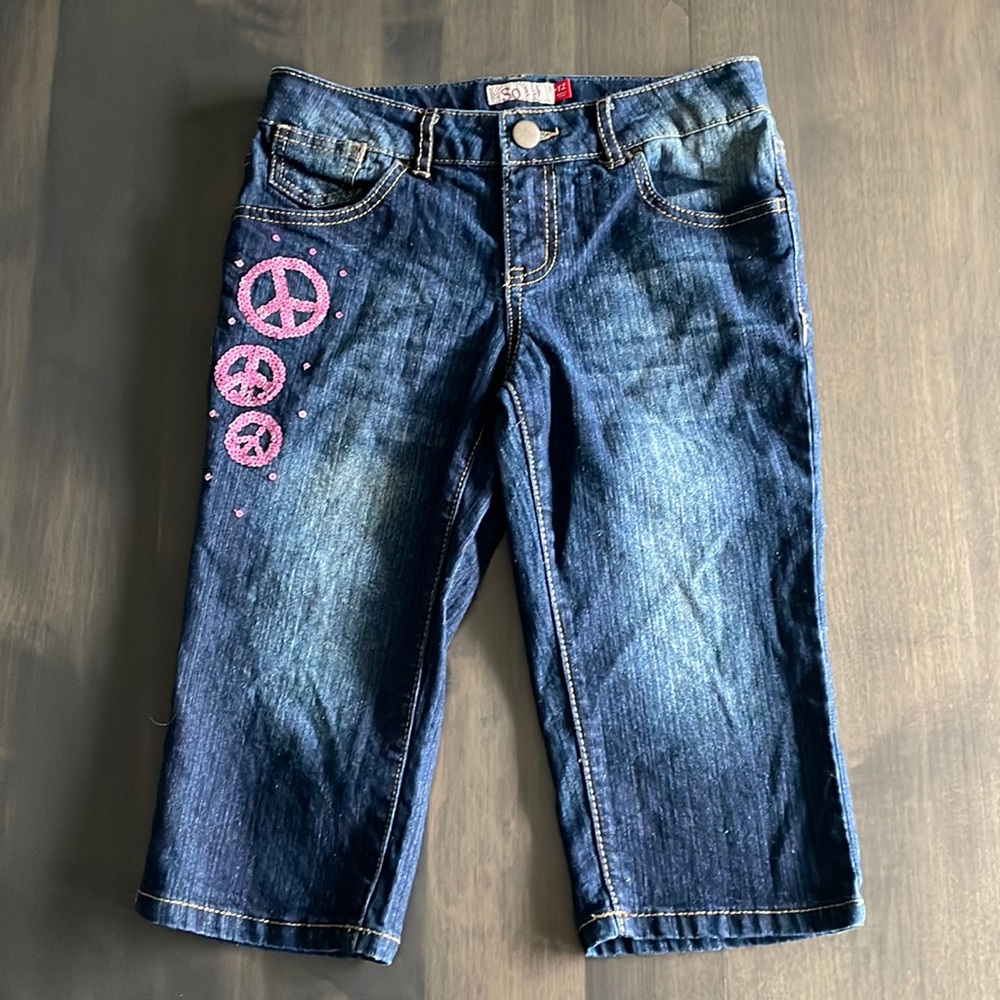 SO Girls Skimmer Jeans Pink Sequins Peace Sign Size 12 Dark Blue